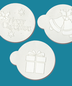Christmas bells, present and text- Bakery decorating stencils - 2.6" round - 3 pcs